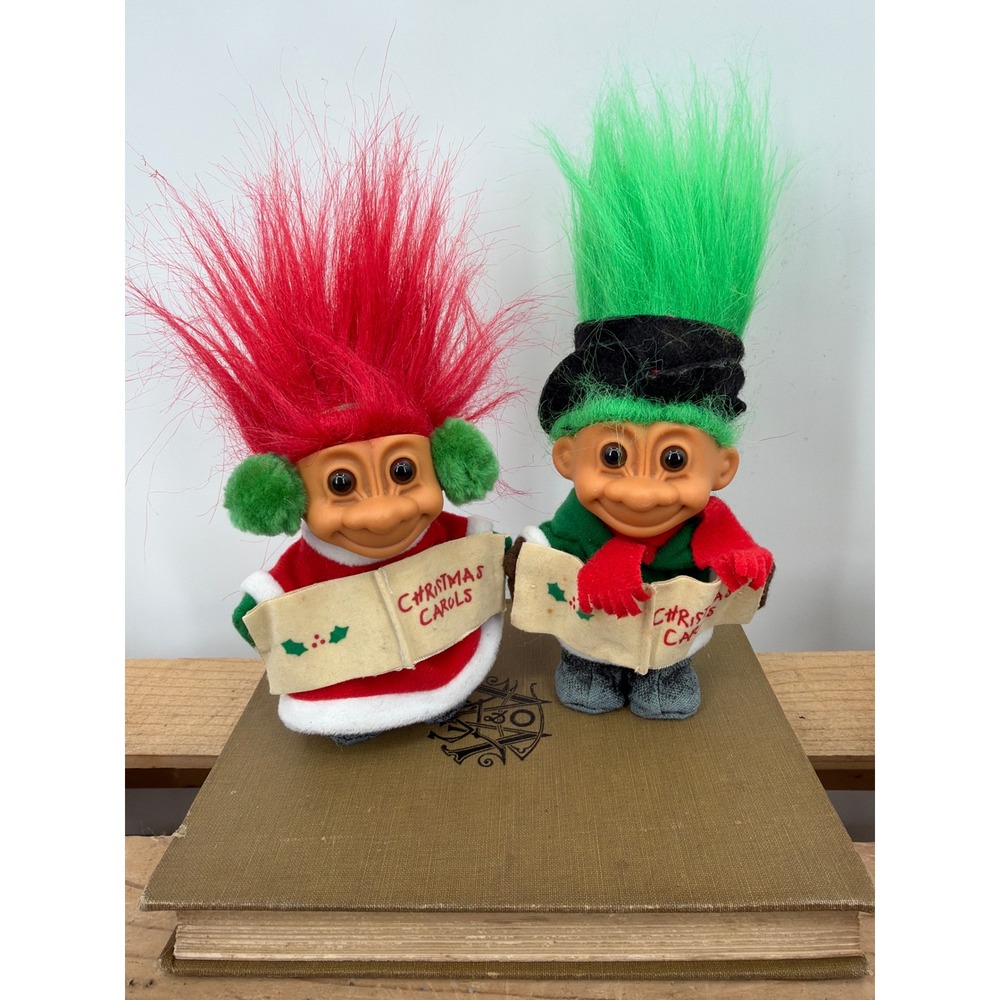 Vintage Russ Berrie‎ Christmas Troll Dolls Caroling Pair Red Green Hair